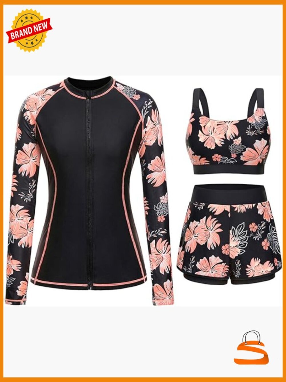 UPF 50+ Long Sleeve Rash Guard Set with Shorts & Built-in Bra